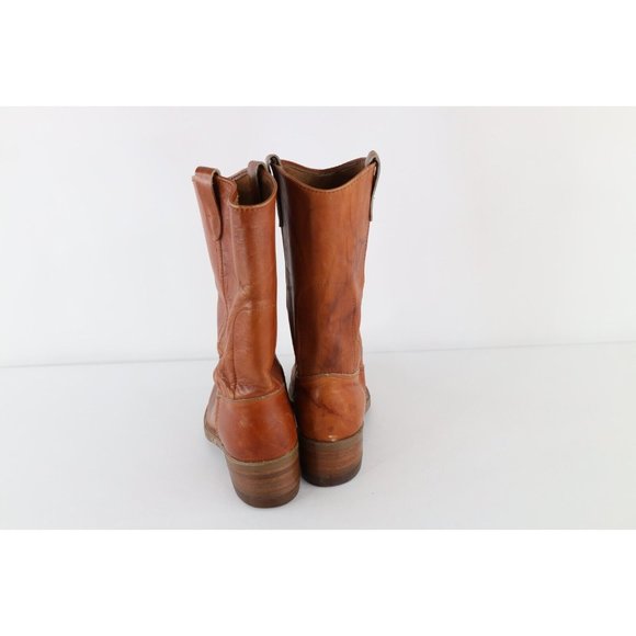 Vtg 70s Mens 8.5 E Distressed Steel Toe Leather Western Cowboy Boots Brown USA main image 7
